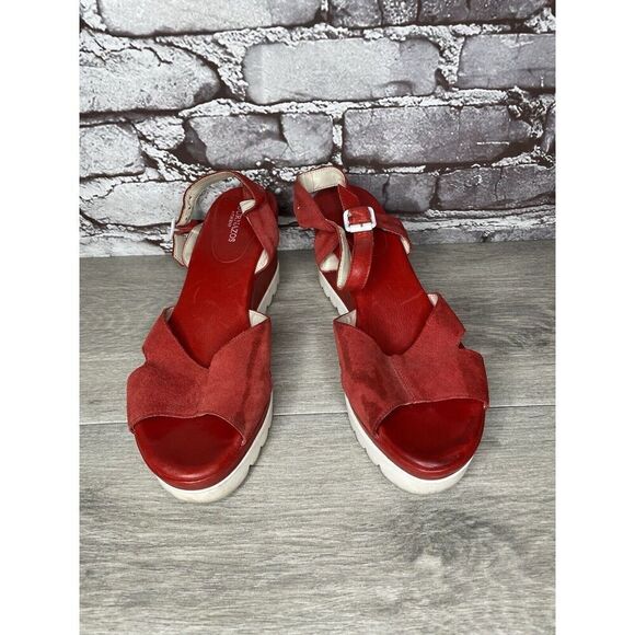 Bournazos Athens Red Suede Leather Ankle Strap Wedge Sandals Women Sz 39EU/8.5US - Picture 15 of 16